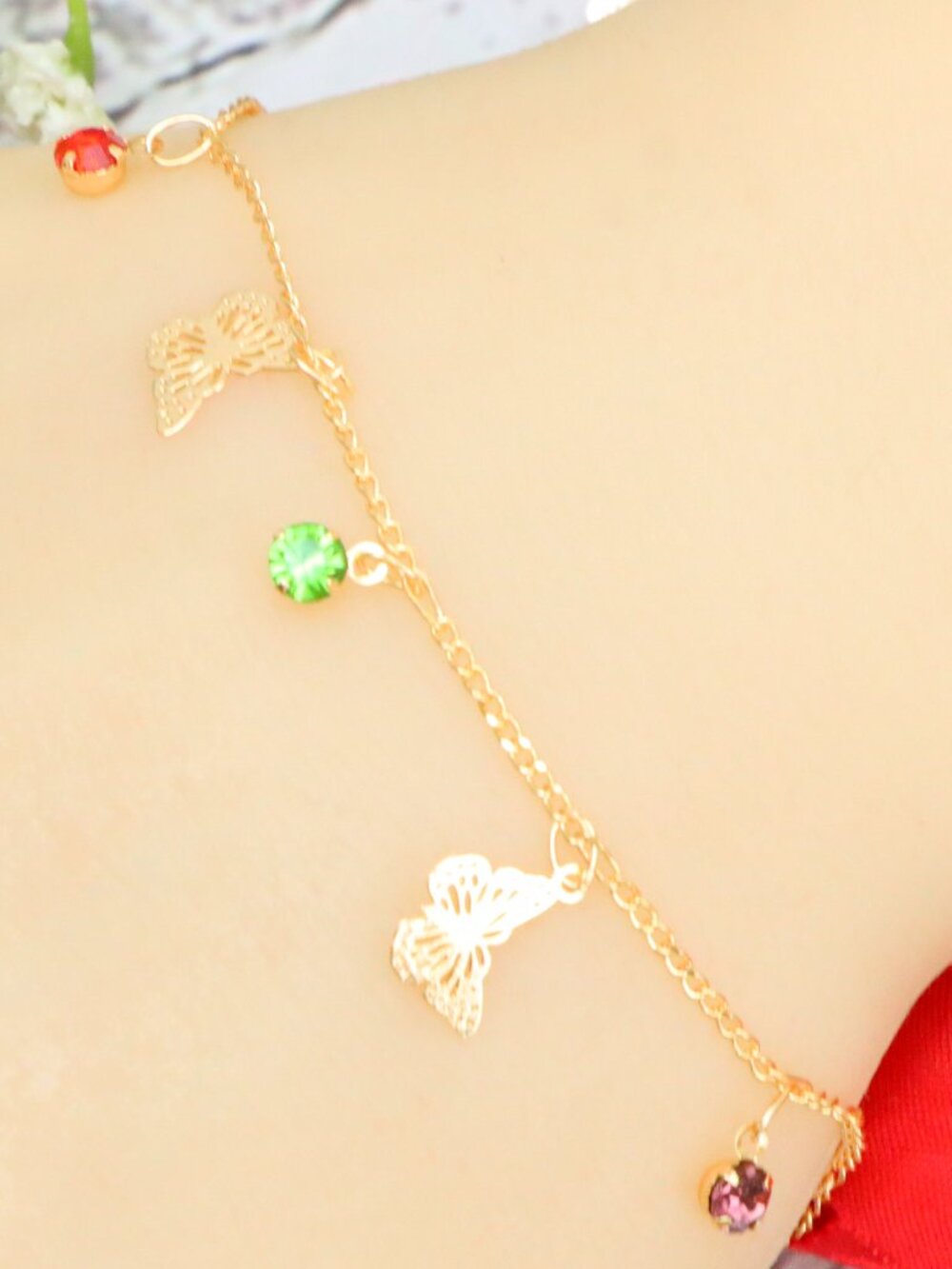 Gold Tone Elegant Butterfly Charm Bracelet, Red Blue Green CZ Gift | WALRCN129